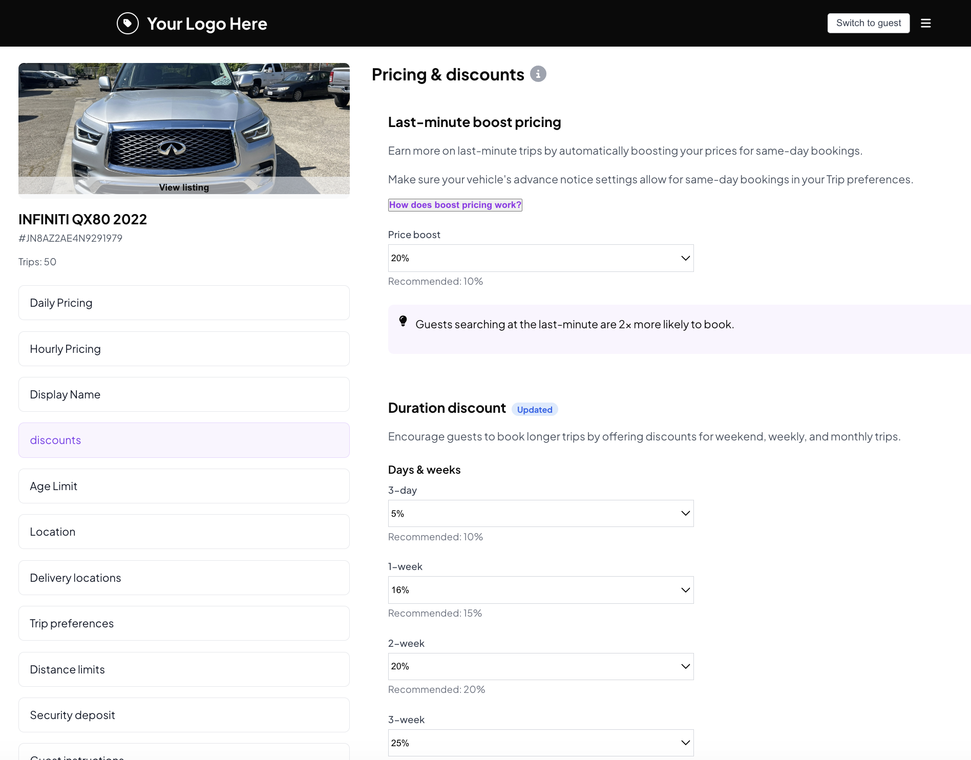 Host dashboard — daily pricing calendar